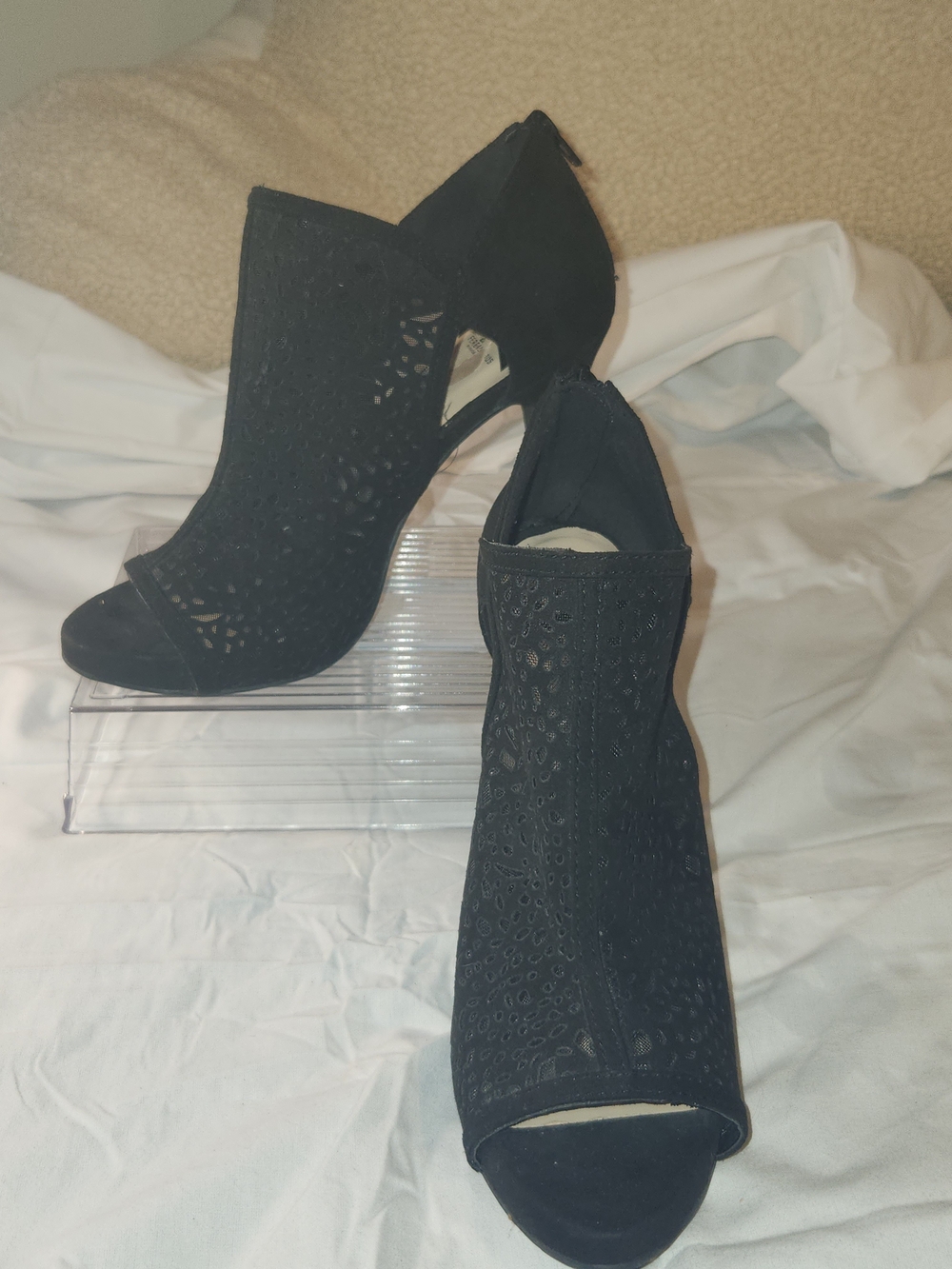 Fergie Black Laser-Cut Peep Toe Stilleto Heel Booties with Back Zip